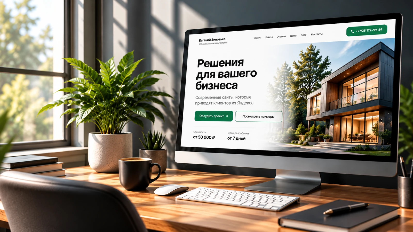 Рабочее место с монитором, на котором открыт пример лендинга